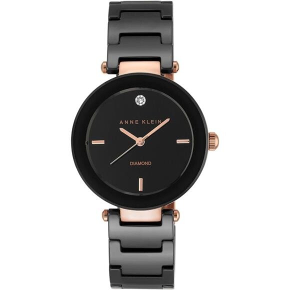 Anne Klein Women's Diamond Dial Rose Gold-Tone Black Ceramic Bracelet Watch